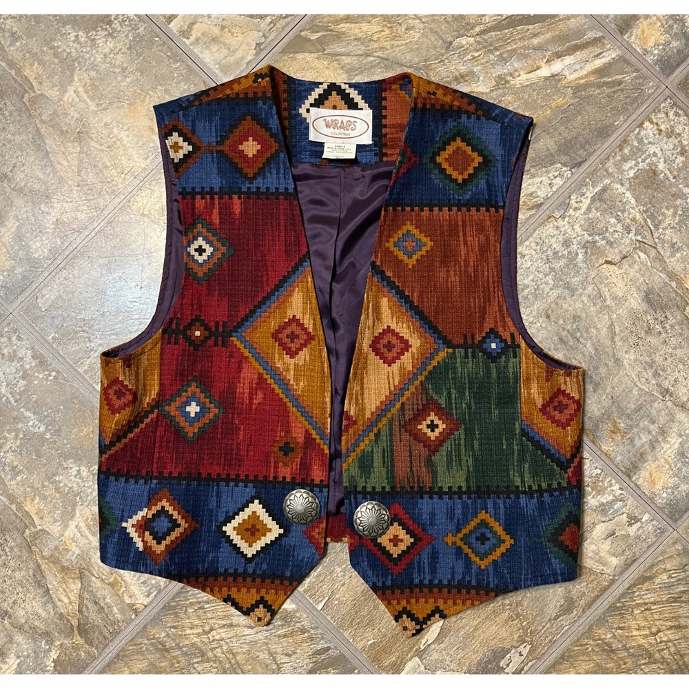 Wraps Collection Vest Women Medium Multicolor VTG Southwestern Concho Button USA